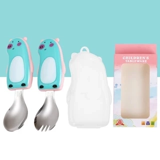 Bộ thìa dĩa cho bé tập ăn, Set thìa dĩa gấu dễ thương cho bé tập xúc YEAHCOOK
