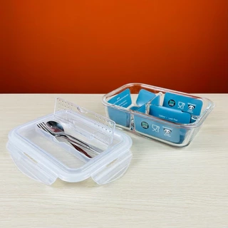 Hộp đựng cơm thủy tinh 2 ngăn cao cấp YEAHCOOK - Kèm bộ thìa, dĩa, dao tiện lợi