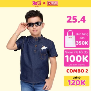 Áo sơ mi jean bé trai cổ trụ YF, jean cotton wash mềm sành điệu 8AY003