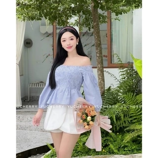 YUCHERRY | Áo Nữ Trễ Vai Chiết Eo WANDA STRIPE TOP YA509