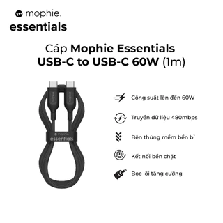 Cáp Mophie Essentials USB-C to USB-C 60W dài 1M/2M-Sạc nhanh- sạc SamSung Android và iP 15series
