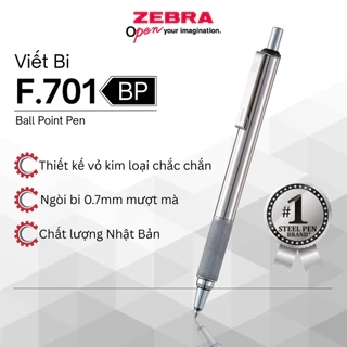 Bút Bi F-701 0.7mm Zebra Pen Vỏ Kim Loại Bạc Mực Xanh  [Chính Hãng]