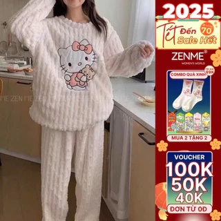 Bộ ngủ lông phối siêu kute dễ thương ulzzang ,bộ đồ mặc nhà xinh sắn ấm áp mùa đông ZENME BLN01