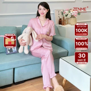 Bộ Ngủ Pijama Viền Bèo Cộc Dài  Lụa Cao Cấp ZENME Bộ Mặc Nhà Nữ Lụa Latin Form Rộng PJVB0924