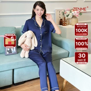 Bộ Ngủ Pijama ZENME Lụa Latin Cao Cấp Mặc Nhà Nữ Tay Ngắn Quần Dài Xanh Than PJD0322