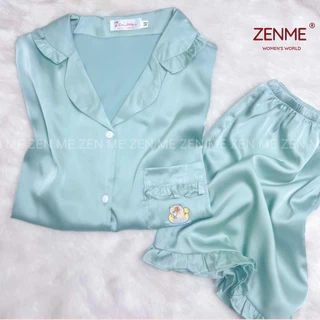 Bộ Pijama Viền Bèo ZENME Hình In Dễ Thương Lụa Latin Quần Cộc Tay Ngắn PJVB0425 Xanh Mint